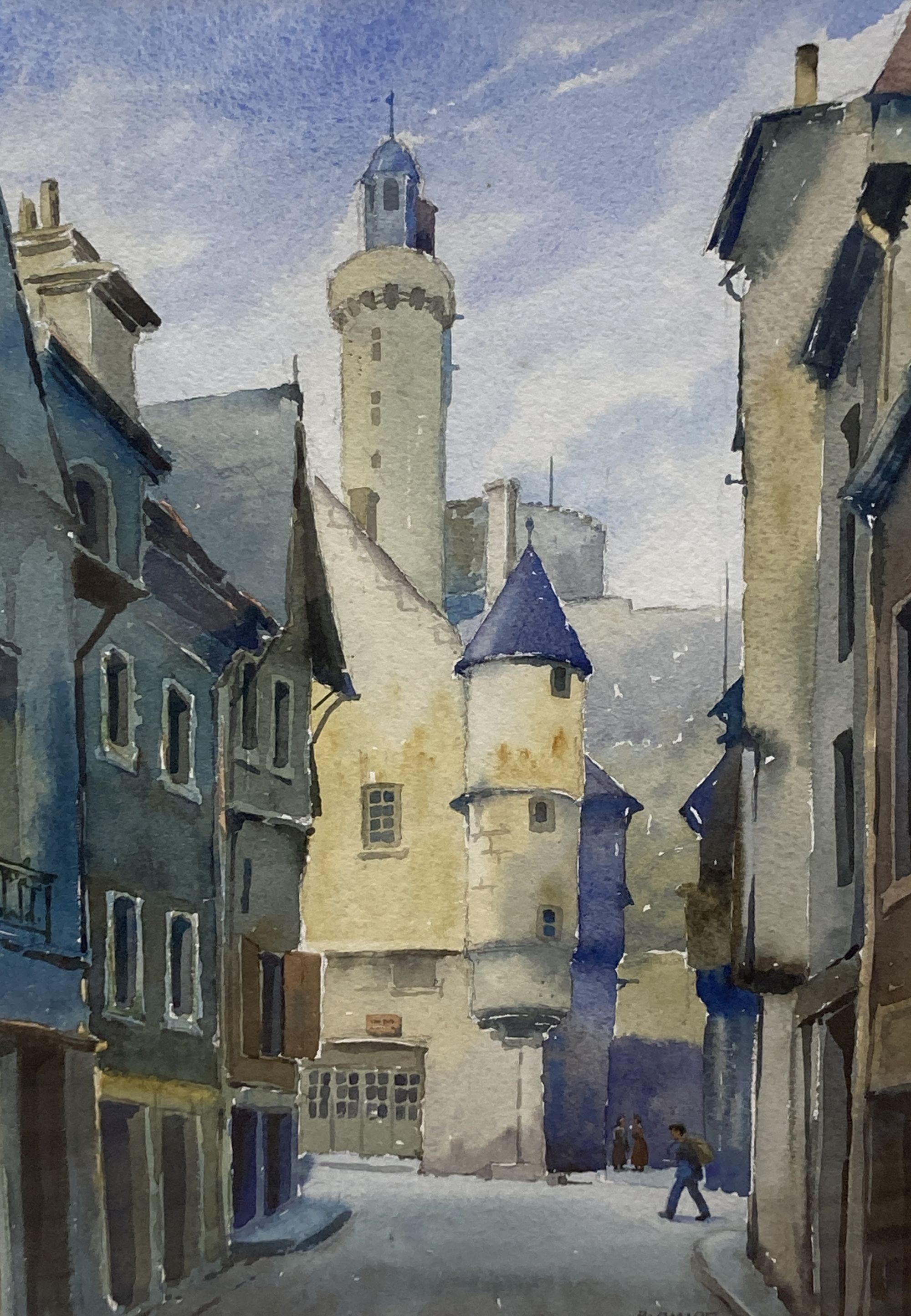 Billy Blamire, two watercolours, Scottish coastal landscape and Street scene, 28 x 39cm and 34 x 23cm